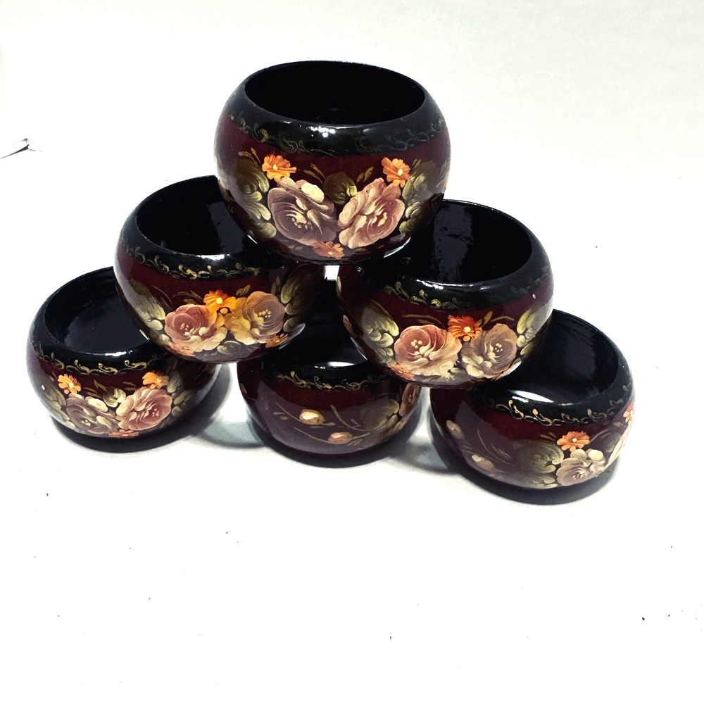 Ukrainian Set Of 6 Wooden Napkin Rings laquered brown hand painted flowers